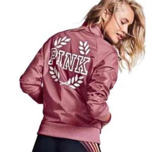 VICTORIA’S SECRET PINK BEGONIA LONG SLEEVE ZIP UP BOMBER JACKET XS NWT - Picture 1 of 8